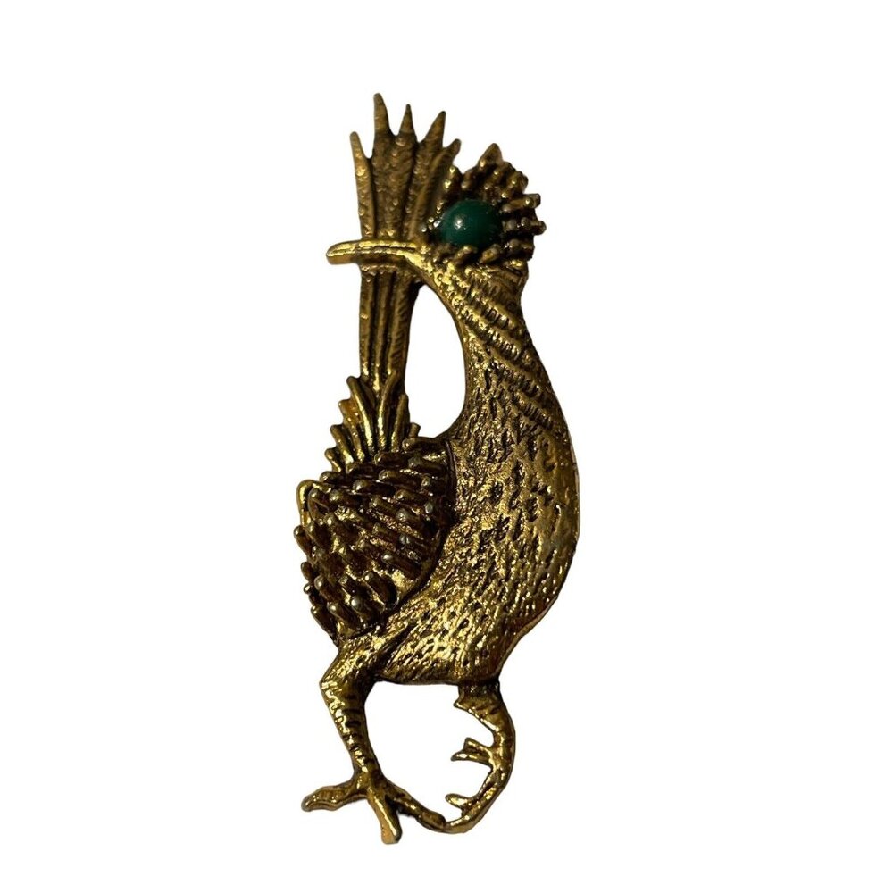 Vintage SIGNED Ambassador Roadrunner Brooch Pin Bird Gold Tone Green‎ Bead Eye